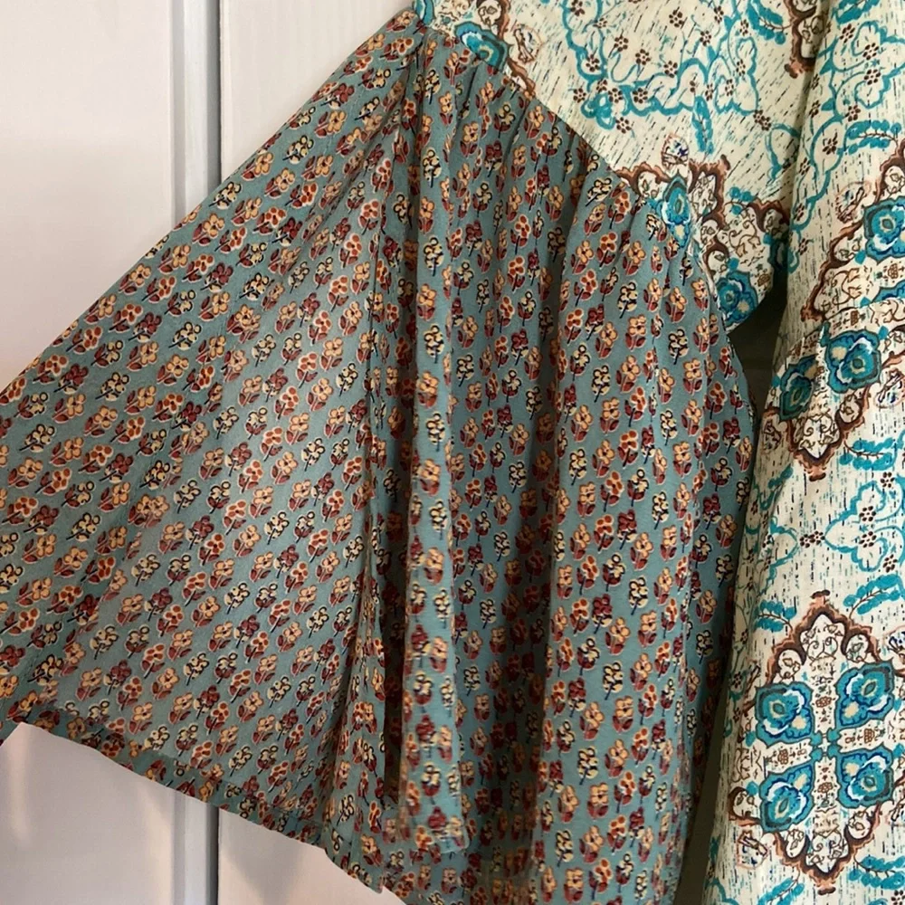 Umgee Aqua Teal Patterned Mini Dress with Olive Bell Sleeves - Picture 6 of 11